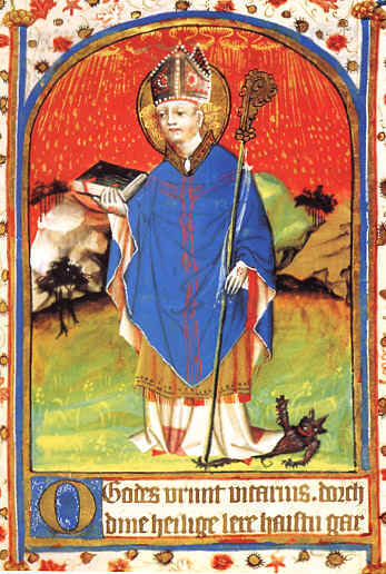 Agostino con in mano un libro di preghiere abbatte le eresie nel Ms. di Egerton