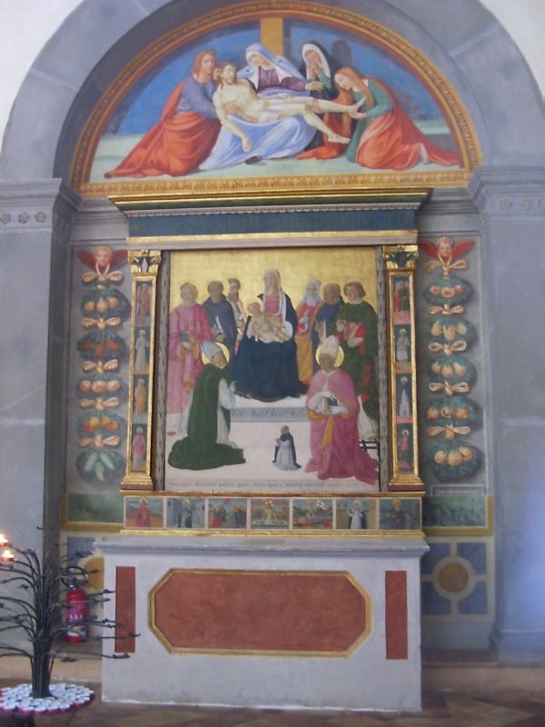 Madonna con Bambino tra san Martino, santo Stefano, san Pietro Martire, san Bartolomeo, sant'Andrea, san Vincenzo Ferrer, san Lorenzo, sant'Agostino e donatore, Cristo in pietà, Resurrezione di Cristo, Ascensione di Cristo, san Bartolo, santa Caterina da Siena, santa Margherita d'Ungheria, santa Fina, Santi