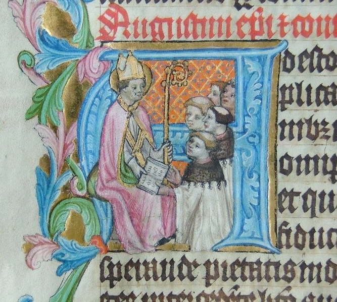 Agostino consegna la sua Regola ai monaci, ms Biblioteca di St. Florian