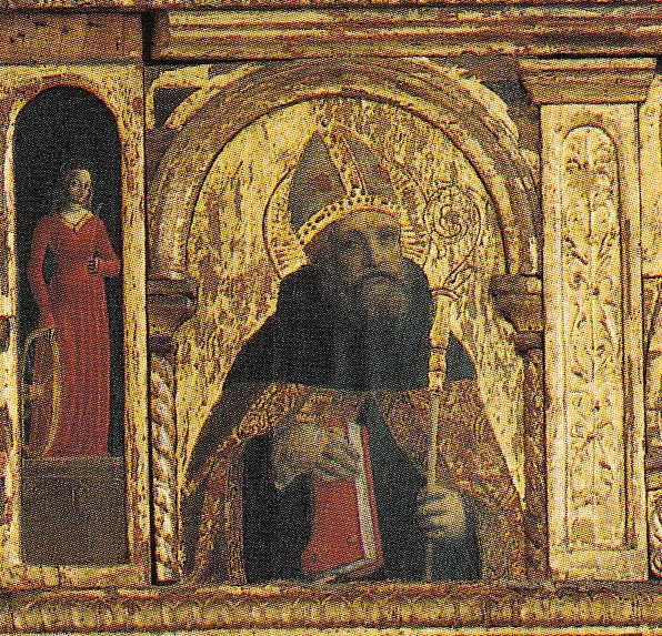 Sant'Agostino vescovo da un polittico con la Madonna con il Bambino e il donatore Manfredo Fornari tra i Santi Giovanni Battista e Gerolamo; i Santi Agostino e Nicola da Tolentino; i Santi Caterina d'Alessandria, un vescovo, Sebastiano, Lucia, Bruno e Rocco; Cristo in pietà tra due serafini