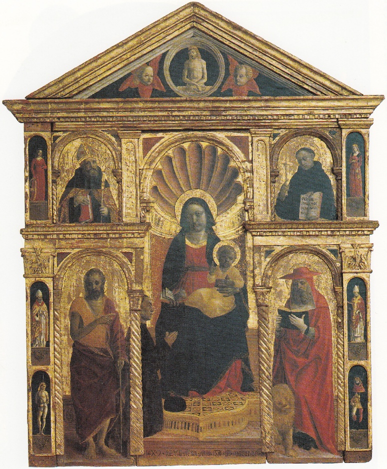 Sant'Agostino vescovo da un polittico con la Madonna con il Bambino e il donatore Manfredo Fornari tra i Santi Giovanni Battista e Gerolamo; i Santi Agostino e Nicola da Tolentino; i Santi Caterina d'Alessandria, un vescovo, Sebastiano, Lucia, Bruno e Rocco; Cristo in pietà tra due serafini