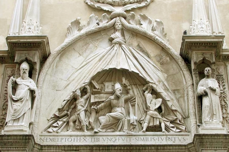 Sant'Agostino converte un eretico,
san Nicola da Tolentino, san Simpliciano, santa Monica, Beato Agostino Trionfi