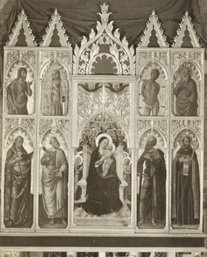 San Benedetto, San Pietro, San Paolo, Sant'Agostino, San Giovanni Battista, Santa Caterina d'Alessandria, San Sebastiano, Sant'Antonio Abate, Madonna con Bambino in trono e angeli