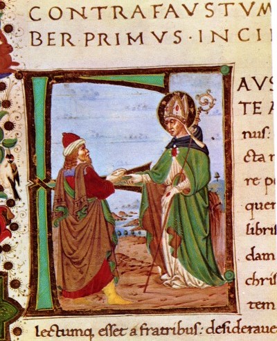 Agostino disputa con Fausto dal Ms. Urb. Lat. 79 fol 9r, lettera D