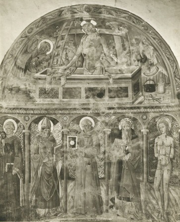 Cristo in pietà e strumenti della Passione, San Leonardo, Sant'Agostino, San Bernardino da Siena, Sant'Antonio Abate, San Sebastiano