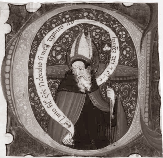 Lettera E con Sant'Agostino. Bologna, Museo Civico Medievale,Palagi n. 130 di frate Nebridio