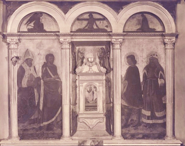 Sant'Agostino, san Giovanni Battista, San Giuliano l'Ospedaliere, san Sigismondo, Annunciazione, Cristo in pietà