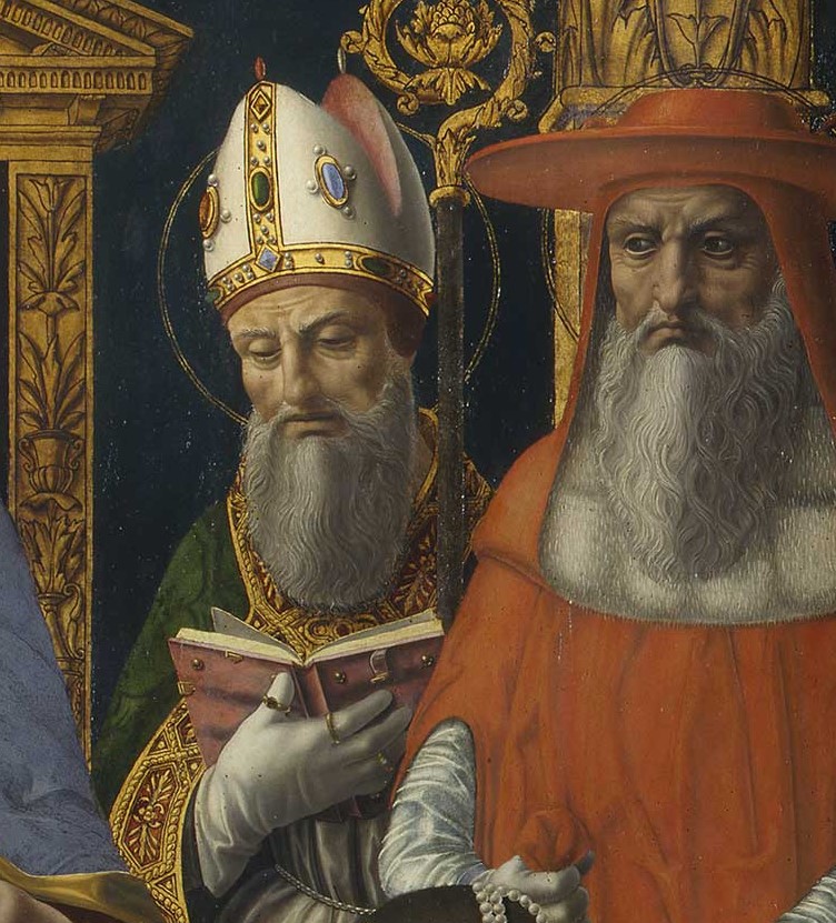 Particolare di sant'Agostino nella Pala della Madonna con Bambino e santi Dottori della Chiesa
