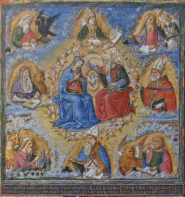 Riquadro dell'incoronazione della Vergine con i Dottori della Chiesa e gli Evangelisti