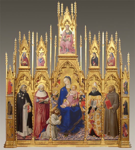 Madonna con Bambino, angeli e il beato Giovanni Colombini tra
i santi Domenico, Girolamo, Agostino, Francesco d'Assisi, Cosma, Angelo annunciante, Cristo Redentore benedicente, Maria Vergine annunciata,
san Damiano e Santi