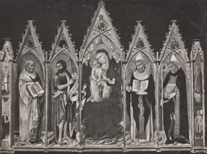 Madonna con Bambino in trono tra angeli, e i santi Girolamo, Giovanni Battista, Gregorio Magno e Agostino, Angelo annunciante, san Domenico, Cristo Redentore benedicente, san Francesco d'Assisi, Maria Vergine annunciata, Santi
