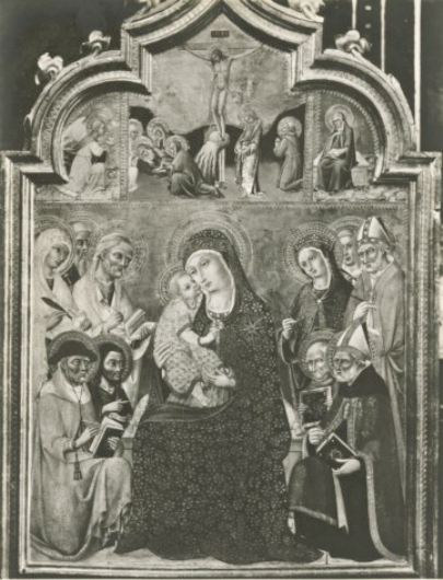 Madonna con Bambino in trono tra i santi Agnese, Andrea, Pietro, Girolamo, Giovanni Battista, Ambrogio, Lorenzo, Caterina d'Alessandria, Bernardino da Siena e Agostino, Annunciazione, Crocifissione di Cristo