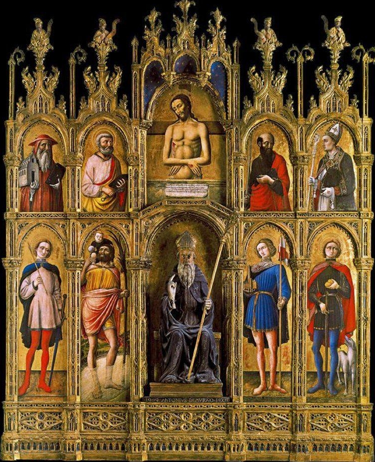 Sant'Antonio Abate tra i santi Sebastiano, Cristoforo, Venanzio e Rocco; Pietà tra i Santi Gerolamo, Pietro, Paolo e Agostino