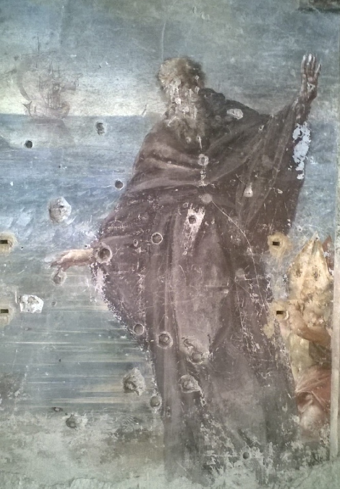 Agostino e il bambino sulla spiaggia: particolare del santo (foto Pozzi Sandro)