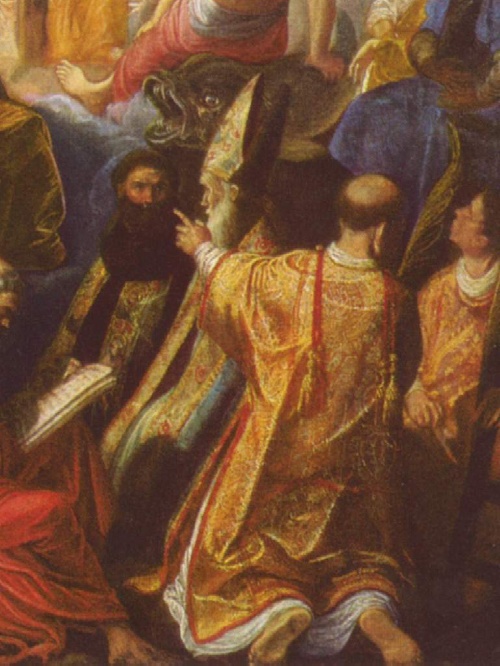 Particolare della glorificazione della Croce con santi fra cui Agostino vescovo di Adam Elsheimer