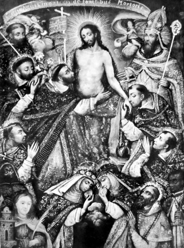 Cristo risorto con santi domenicani, Barbara e Agostino