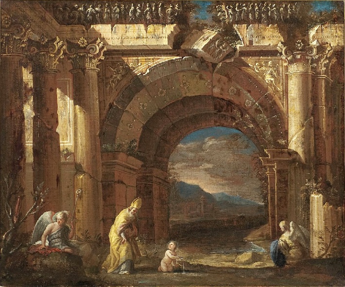 Capriccio con la visione di Sant'Agostino in un porticato in rovina
