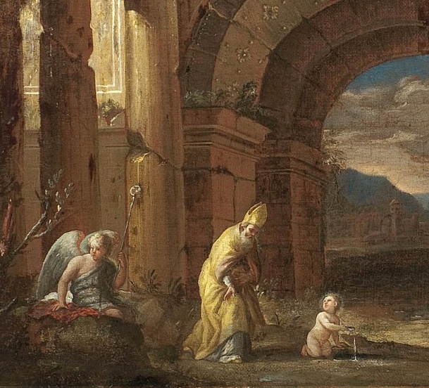 Capriccio con la visione di Sant'Agostino in un porticato in rovina