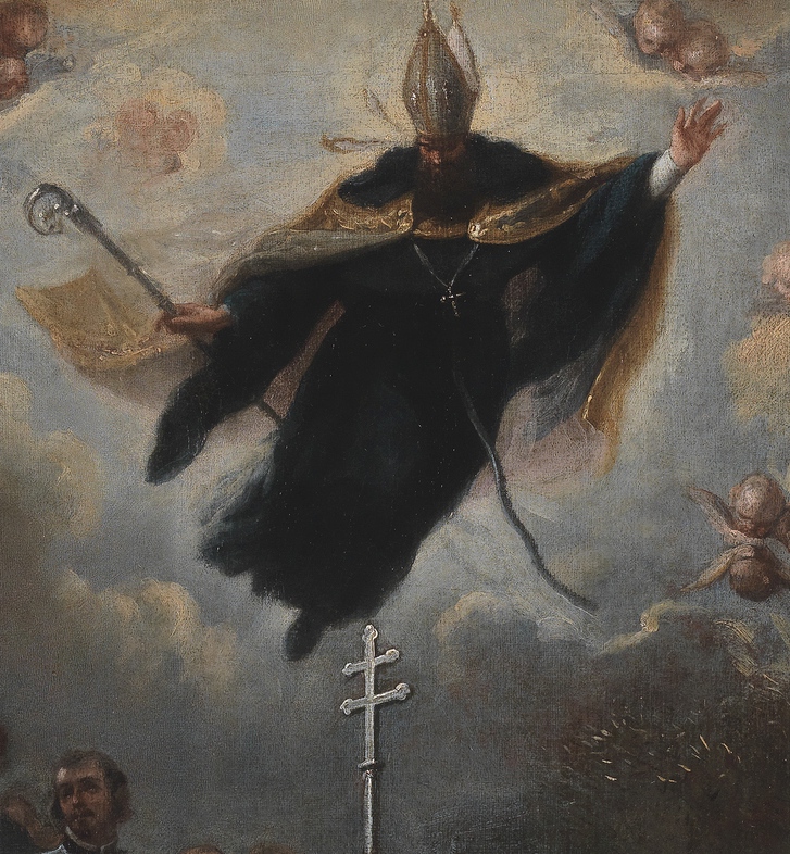 particolare del miracolo delle locuste a Toledo con l'immagine di Agostino che appare in cielo