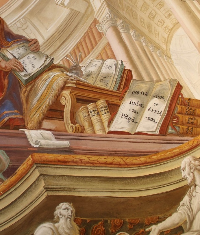 Agostino vescovo e Dottore della Chiesa scrive trattati: particolare dei libr