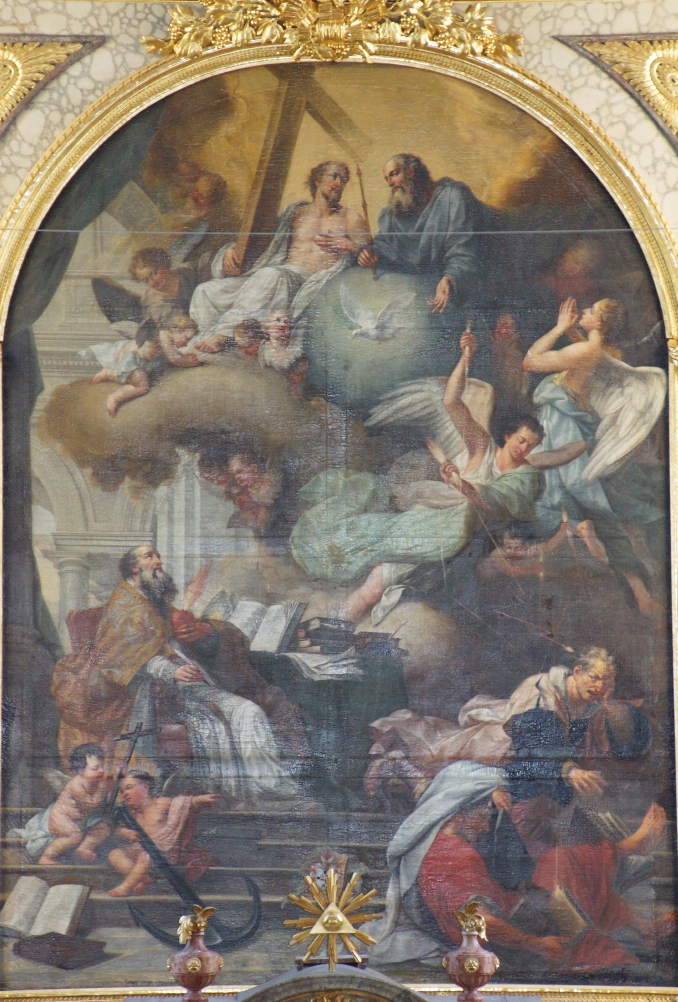 Agostino ispirato dalla Trinità sconfigge Donato e Pelagio