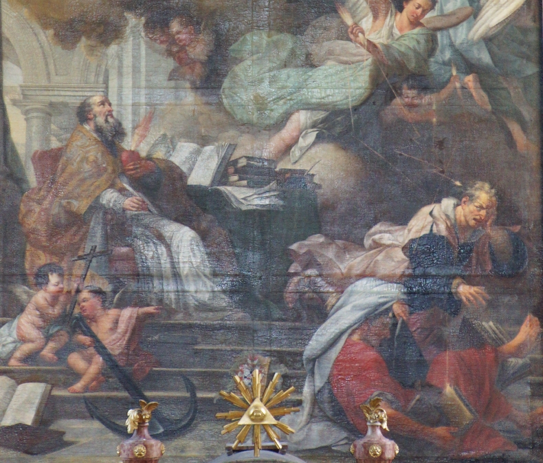 Agostino ispirato dalla Trinità sconfigge Donato e Pelagio: particolare della caduta degli eretici