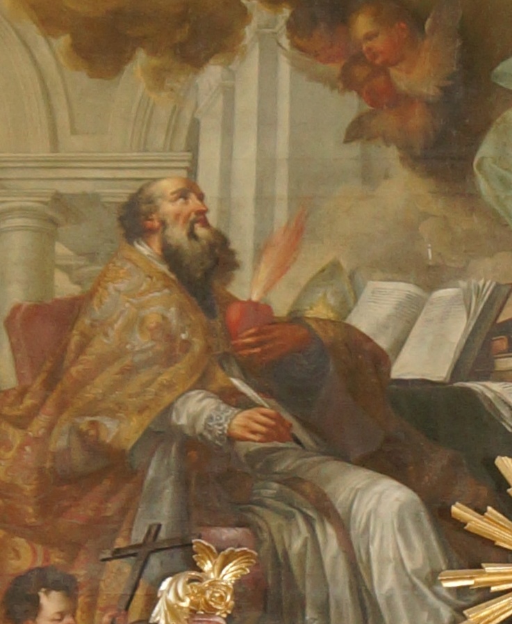Agostino ispirato dalla Trinità sconfigge Donato e Pelagio: particolare di Agostino