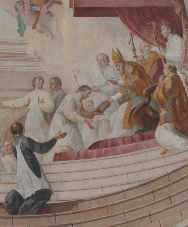 Agostino presenta la sua regola ai Canonici: particolare della consegna