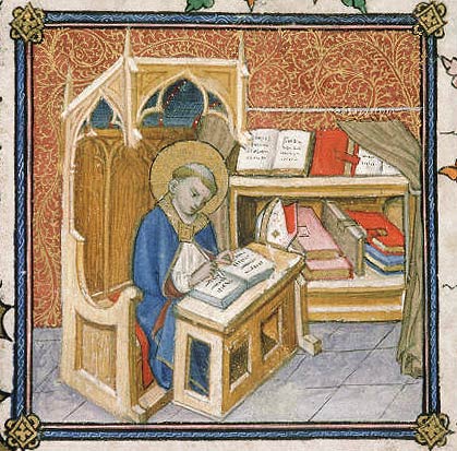 Sant'Agostino allo scrittoio nel suo studio, miniatura da Avignone, Biblioteca Municipale ms. 6733, f. 55