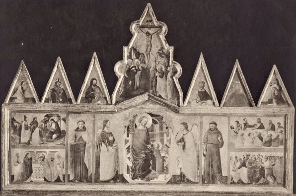 Madonna con Bambino in trono, due angeli, san Ludovico di Tolosa e san Francesco d'Assisi, Adorazione dei Re Magi, Presentazione di Gesù al Tempio, Ultima Cena, Cattura di Cristo, Crocifissione di Cristo, Angelo annunciante, Sant'Agostino, San Giovanni Battista, San Pietro, Maria Vergine annunciata