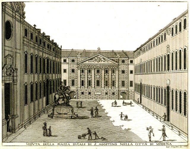 La piazza ducale di Sant'Agostino nella città di Modena in una stampa settecentesca