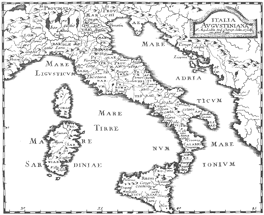 Stampa di Lubin: mappa dei conventi e delle Province agostiniane in Italia