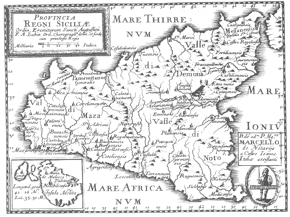 Stampa di Lubin: mappa dei conventi agostiniani in Sicilia