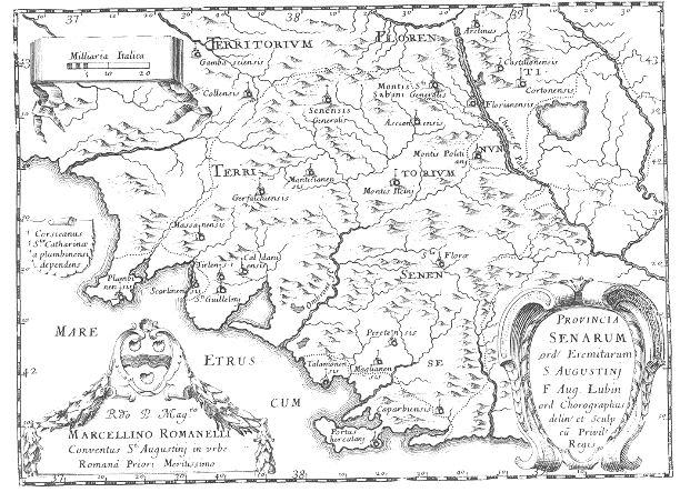 Stampa di Lubin: mappa dei conventi agostiniani in Provincia di Siena