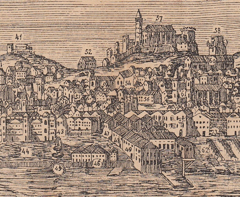 Stampa della città di Lisbona con il convento di santa Monica prima del terremoto del 1755