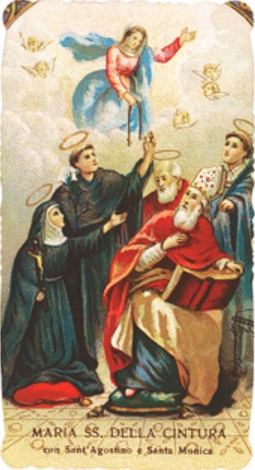 Cromolitografia raffigurante Maria S.S. della Cintura fra Agostino, Monica, santi, angeli e cherubini. XX secolo. Produzione italiana. Collezione privata.