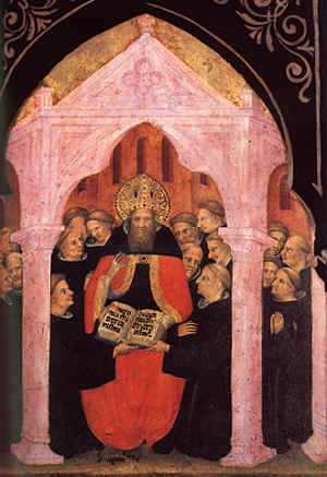 Agostino consegna la regola ai frati (1396: tavola di Niccolò di Pietro, Pinacoteca Vaticana