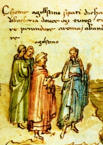 Agostino parte da Cartagine per Roma: immagine dal manoscritto ms. II di Firenze che contiene una versione della Città di Dio in lingua italiana. Datato 1433, al foglio 315 è firmato da A. di Lorenzo