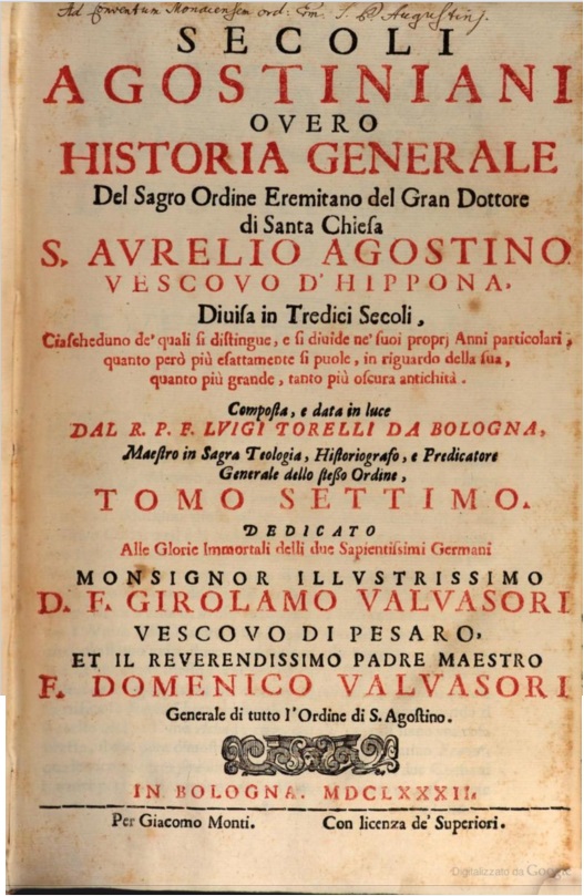 Intestazione del settimo volume dell'opera di Torelli