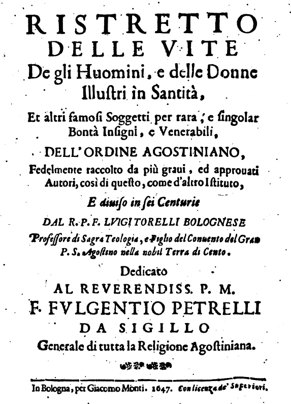 Frontespizio di un'opera di Torelli con dedica a p. Fulgenzio Petrelli