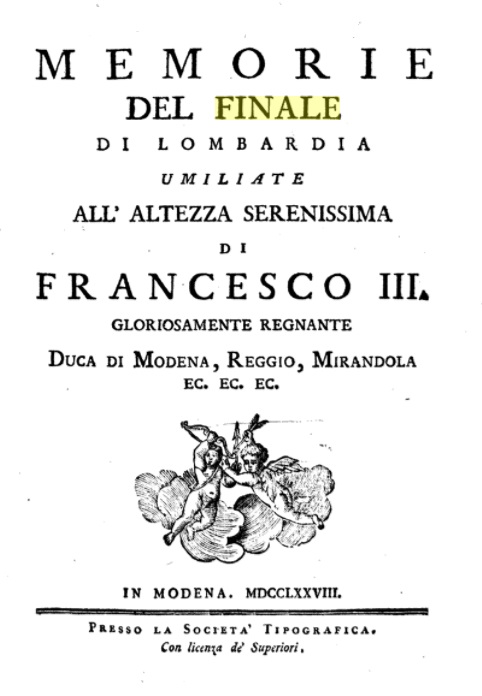 Frontespizio dell'opera in cui si parla di p. Ippolito Monti da Finale