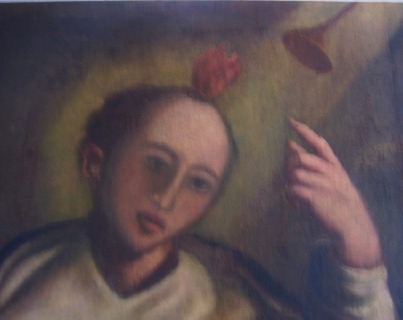 Particolare del viso di san Vincenzo Ferrer con la fiammella in testa