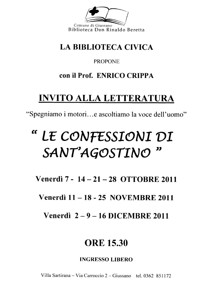 Il programma della serate con lettura delle Confessioni di sant'Agostino