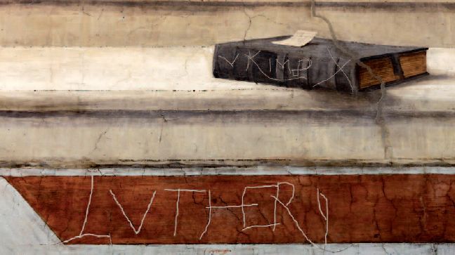 Graffito dei Lanzichenecchi apportato durante il Sacco di Roma nel 1527 sull'affresco della Disputa del SS. Sacramento di Raffaello