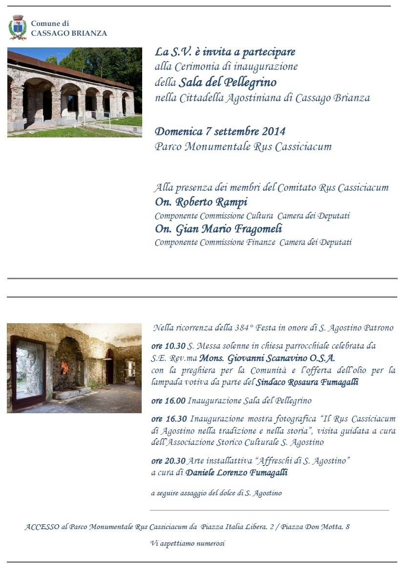 Programma di inaugurazione delLa Sala del Pellegrino restaurata, sede della Cittadella Agostiniana di Cassago