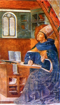 Sant'Agostino allo scrittoio ispirato da Dio affresco di Benozzo Gozzoli a san Gimignano