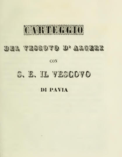 Frontespizio del libello relativo al carteggio fra i due vescovi di Pavia e Algeri