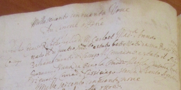 L'atto di battesimo di Giulio Cesare Riboldo con l'annotazione della Stanza di santo Agostino
